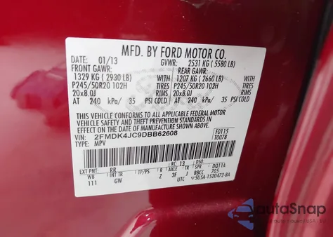 2013 Ford Edge Sel из США, поврежденный, VIN 2FMDK4JC9DBB62608